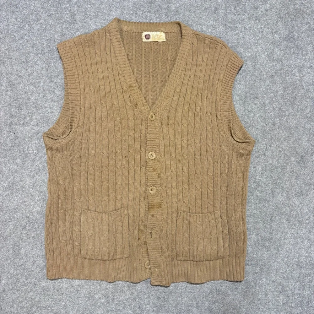 Vintage Kings Road Sears Mens Cable Knit Cardigan Sweater Vest Tan XL Acrylic